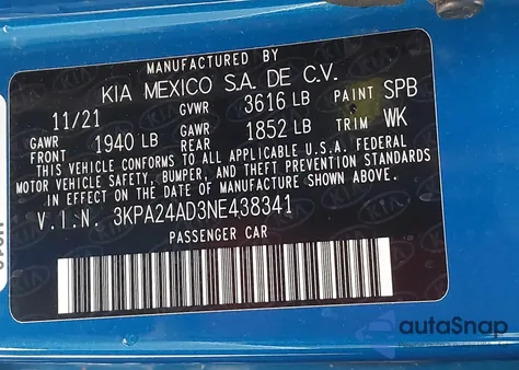 2022 Kia Rio S z USA, uszkodzony, nr VIN 3KPA24AD3NE438341